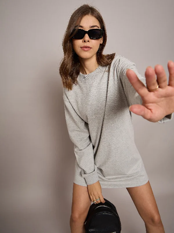High-end Design Women Grey Melange Terry Oversized Short Sweat Dress