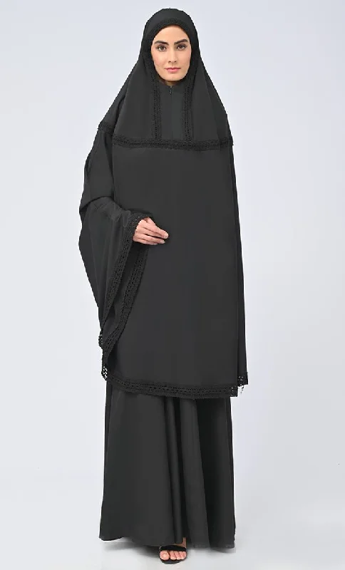 Modernism Maghrib Modest Black Lace Detailing Khimar Prayer Dress For Women