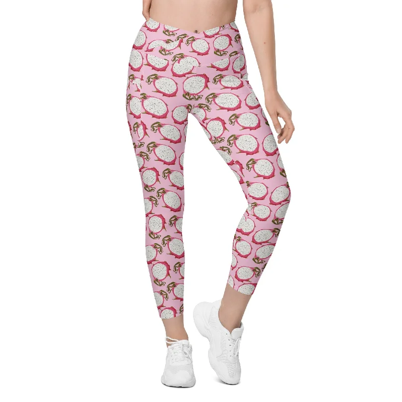 High Street Design Dragon Fruit Pattern Crossover Leggings With Pockets