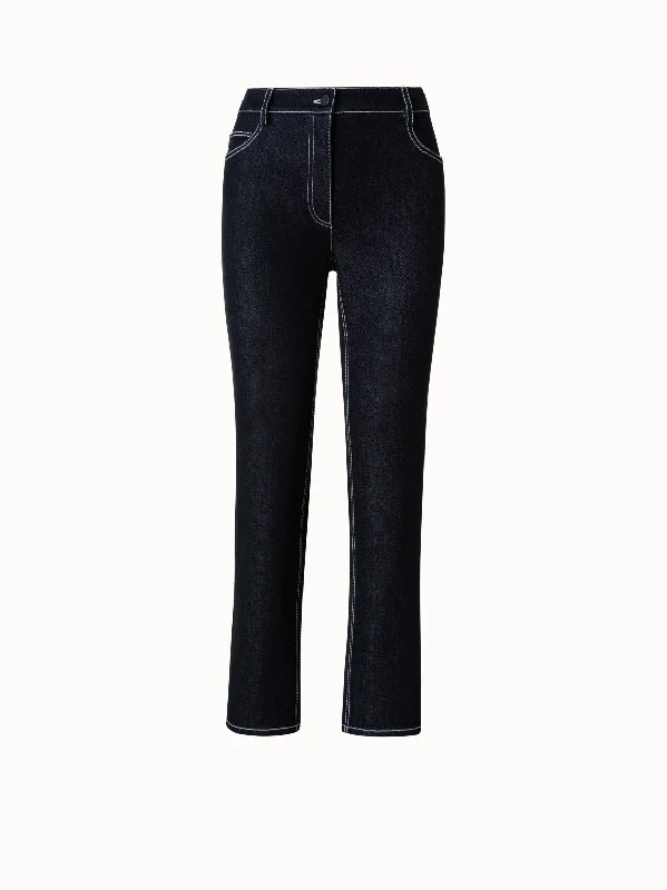 Printed pattern Cropped Straight Denim Contrast Stitch Pants