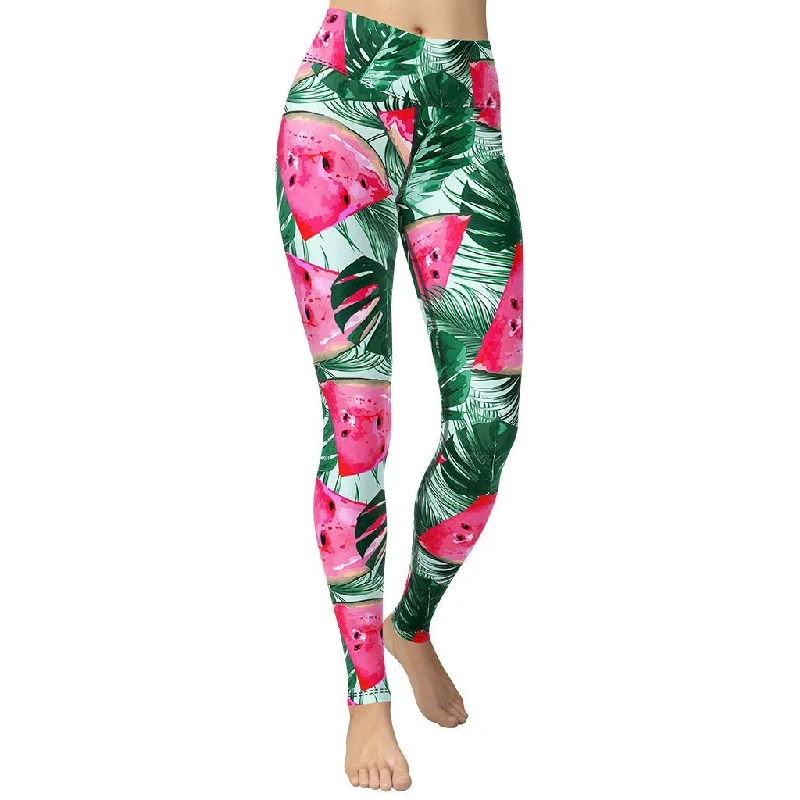 Romantic Temperament Palm Leaves & Watermelon Yoga Leggings
