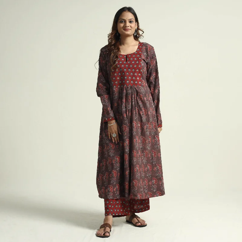 Celebrity Style Brown - Block Print Cotton Flared Ajrakh Kurta with Palazzo Set
