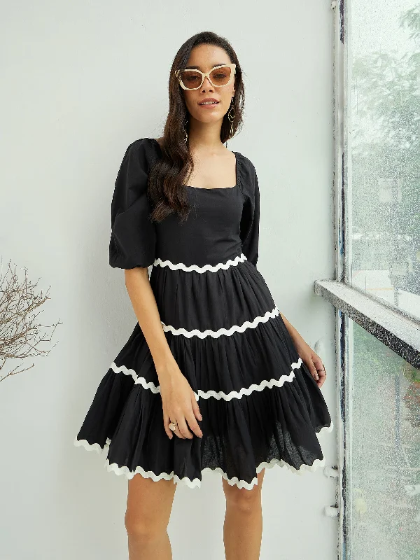 Unique Design Women Black Ric Rac Lace Flared Above Knee Dress