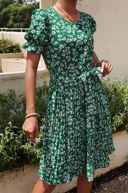 Slightly Flared Design FRORAL TIED WAIST PLEATED PUFF SHOULDER DRESS