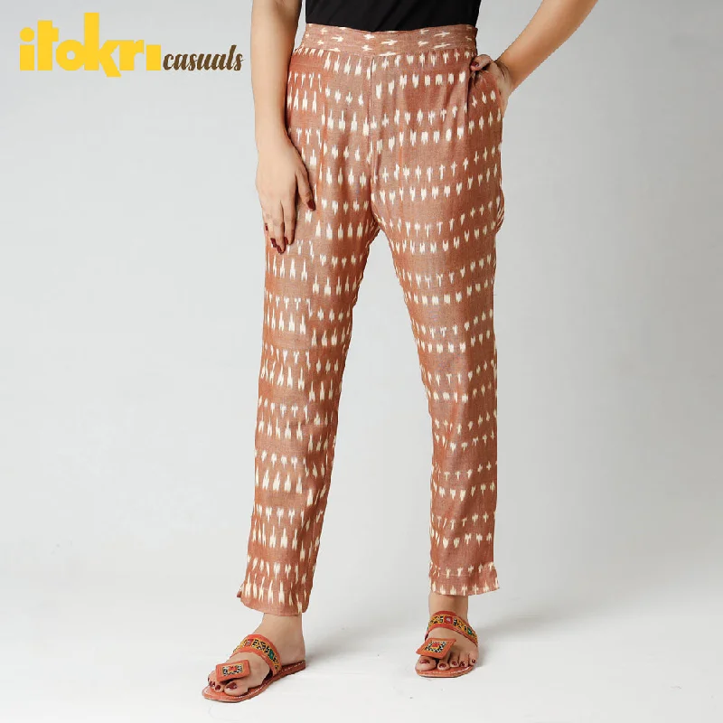 Letter embroidery Brown - Pochampally Ikat Cotton Tapered Casual Pant for Women