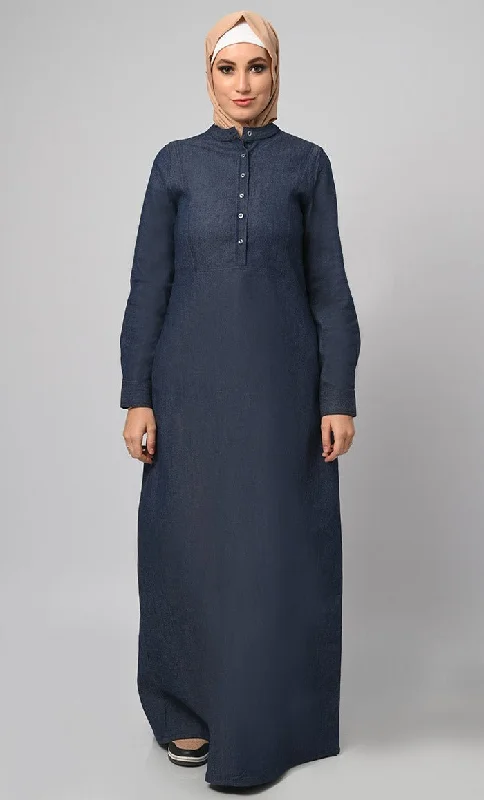 Classic Items Women's Front Button Detailing Denim Abaya With Pockets Included