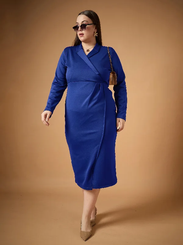 Luxury Classic Women Royal Blue Full Sleeves Midi Dress