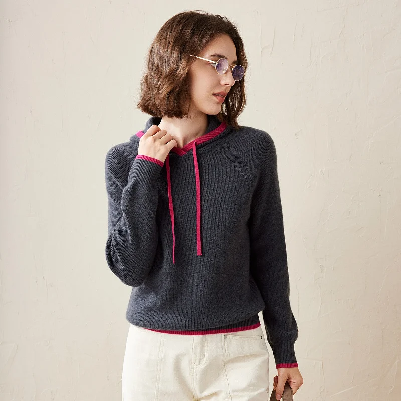 Casual Elegance 100% Cashmere Sweater Knit Hoodie with Contrast Details