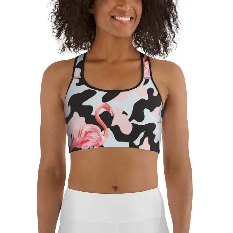 Embroidery Design Pink Flamingo Camo Sports Bra