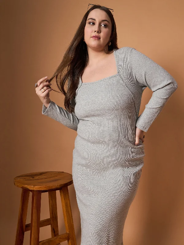 American Style Women Grey Mélange Rib Full Sleeves Midi Dress