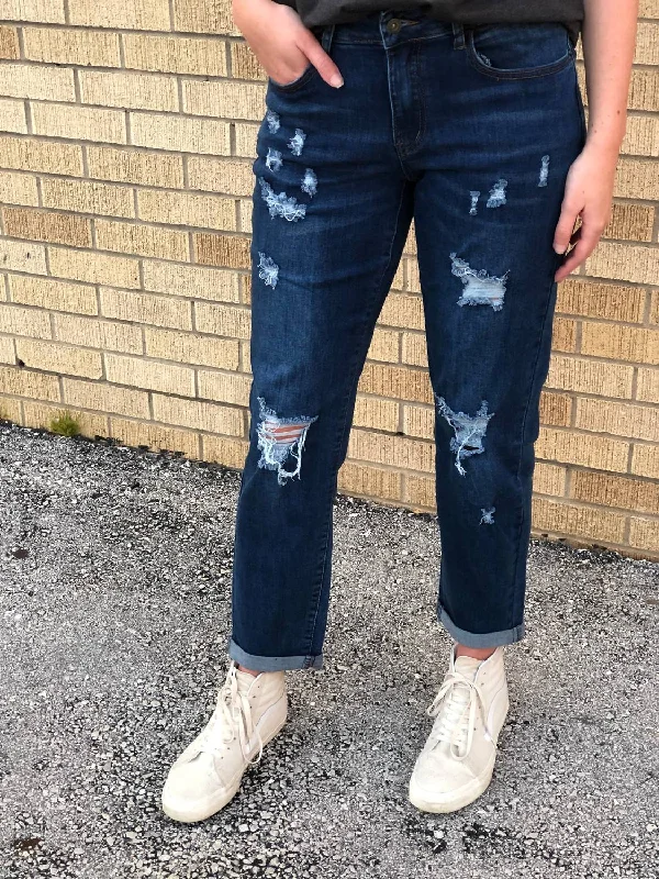 Comfortable And Cold-proof Mid-Rise Ripped Boyfriend Denim In Dark Wash