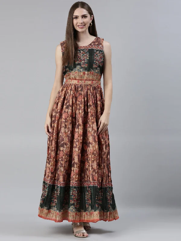 Daily Comfort Neeru's Rust Straight Casual Printed Maxi Dresses