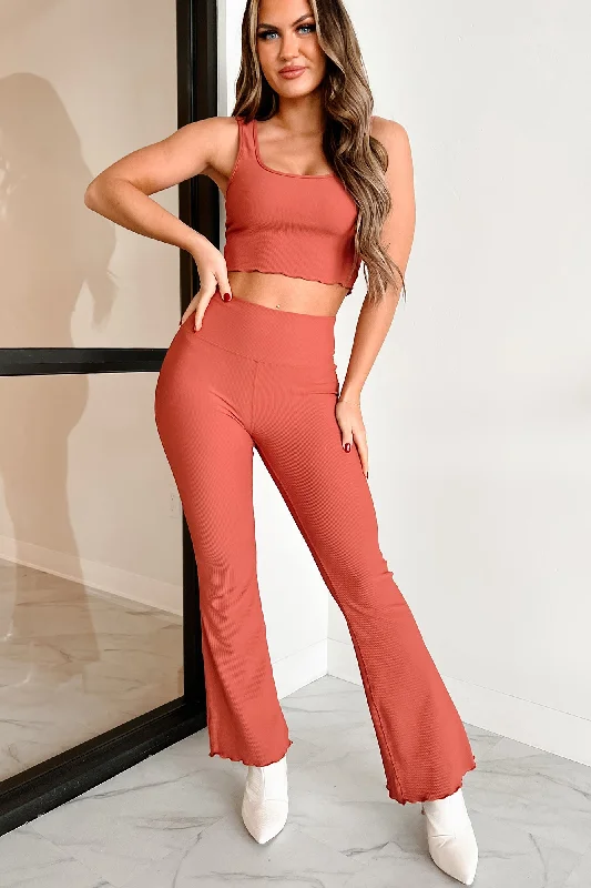 Casual Style Paying My Dues Lettuce Trim Ribbed Two-Piece Set (Rust)