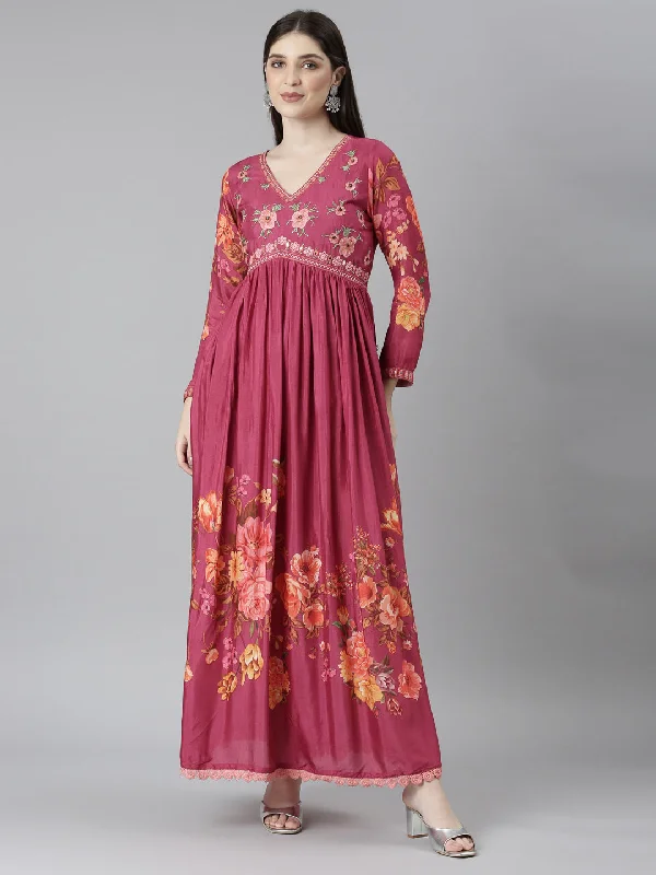 Versatile Comfort Neeru's Magenta Flared Casual Floral Dresses