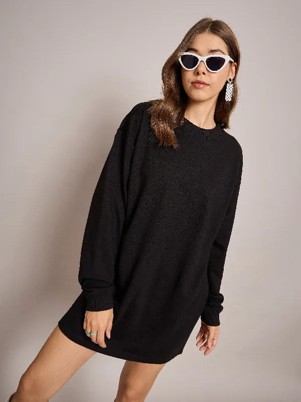 Sweet Style Women Black Terry Oversized Short Sweat Dress