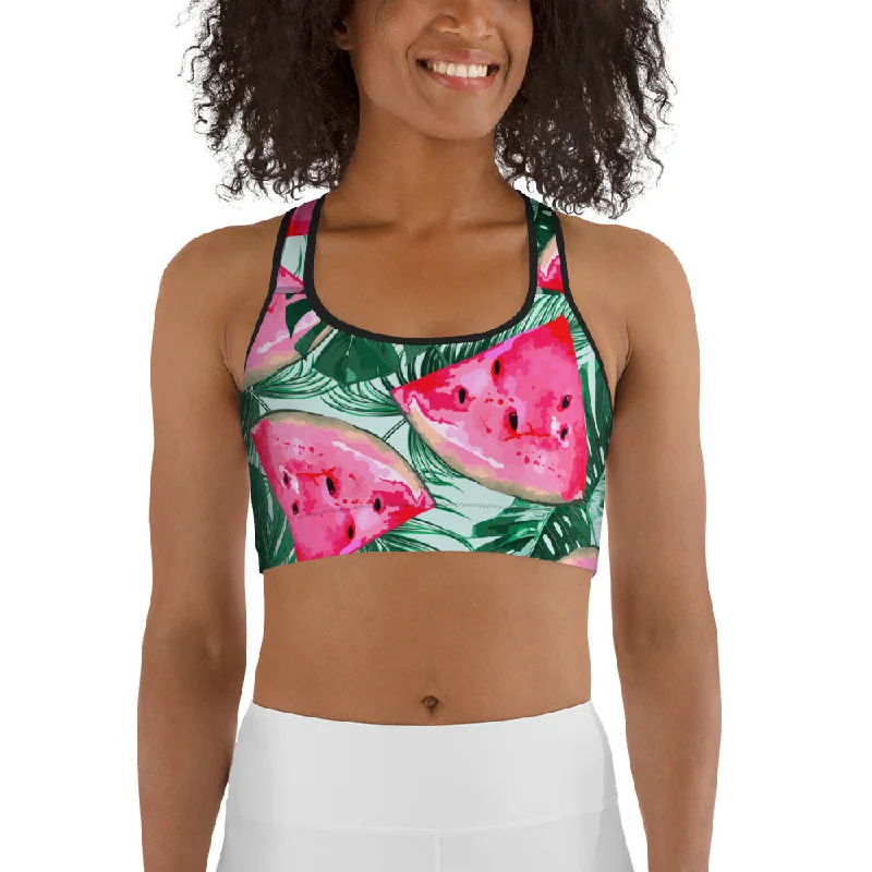 Retro Design Palm Leaves & Watermelon Sports Bra