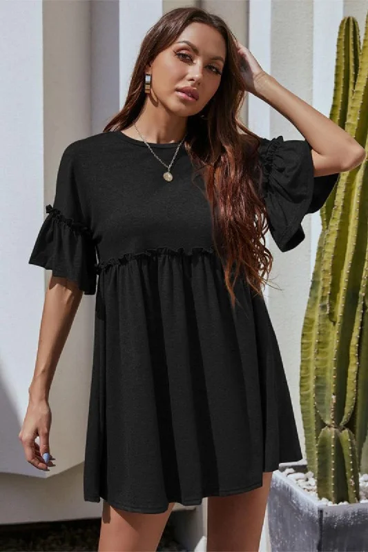 Fashionable And Versatile WOMEN SHIRRED CREWNECK MINI RUFFLE DRESS