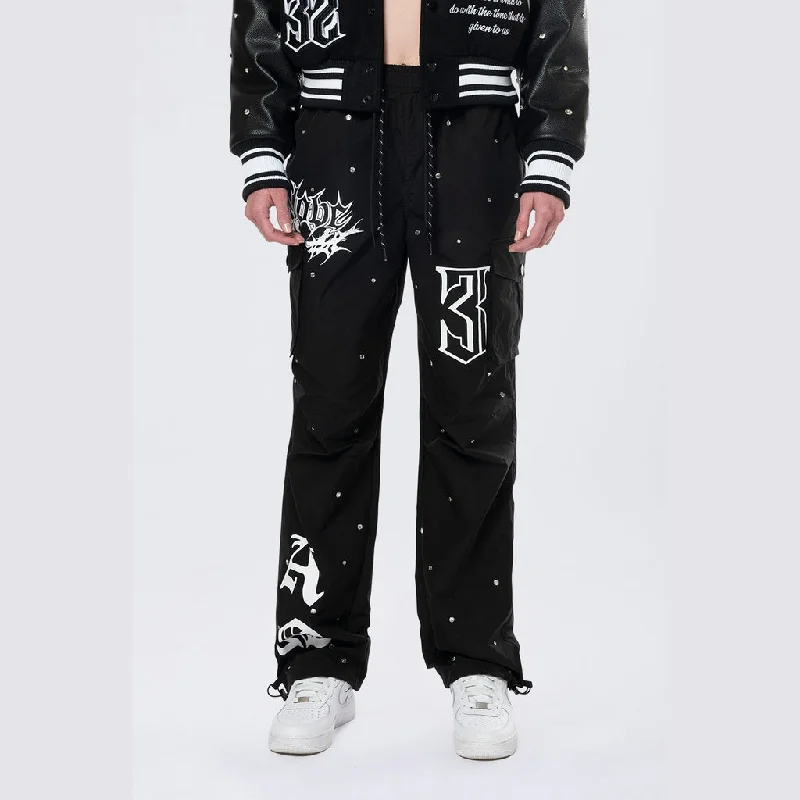 Fun and cute Slouched Straight Rhinestone Pants - Black