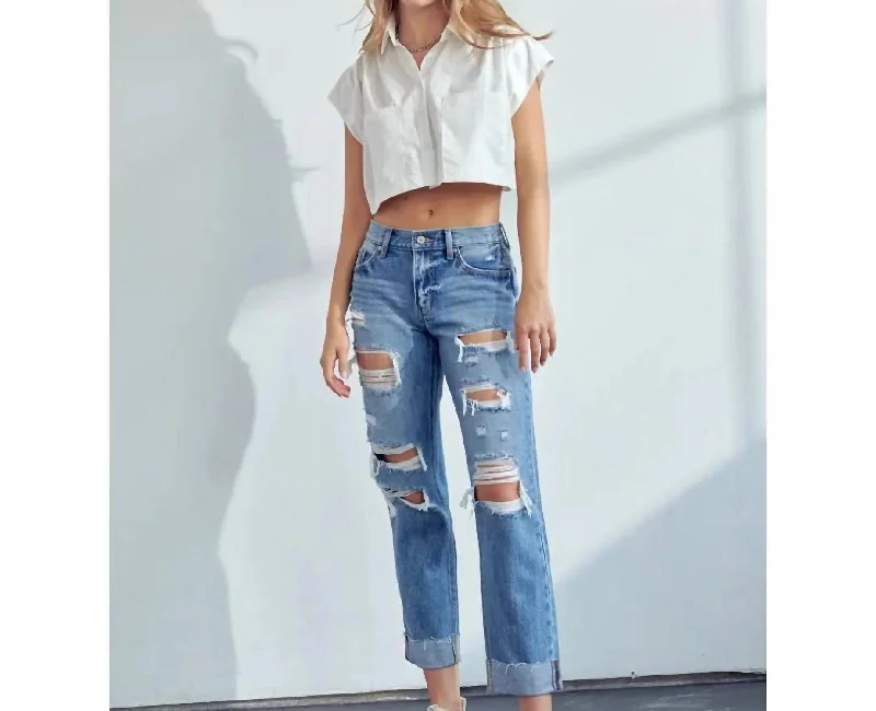 Urban Fashion Midrise Boyfriend Jeans In Medium Wash