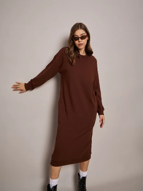 Elegant And Casual Women Brown Terry Oversized Midi Sweat Dress