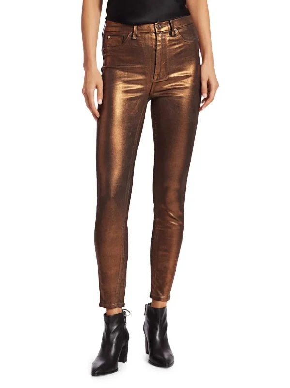 Classic Style Metallic Coated Jeans In Bronze