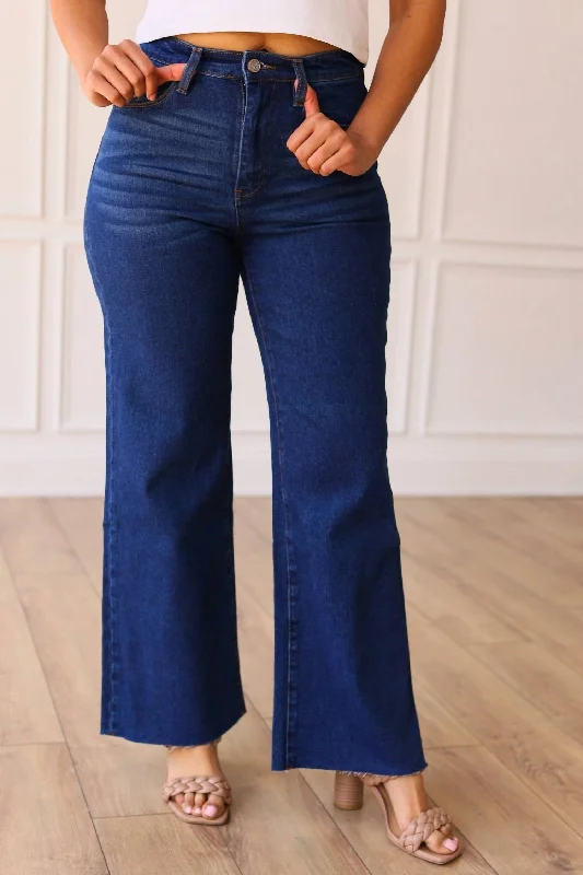 Retro Fashion The Dakota High Rise Wide Leg With Fray Hem Denim In True Blue