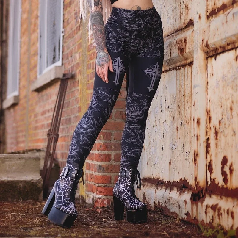 Design And Tailoring Goth Rose Cross High Waist Leggings