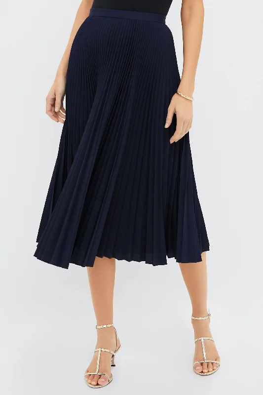 Street Fashion Navy Pleated Midi Skirt