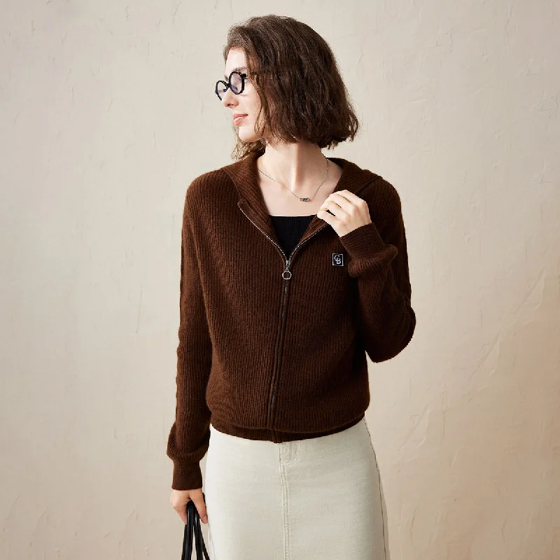 Cool Summer 100% Cashmere Cozy Ribbed Zipper Knit Cardigan Hoodie