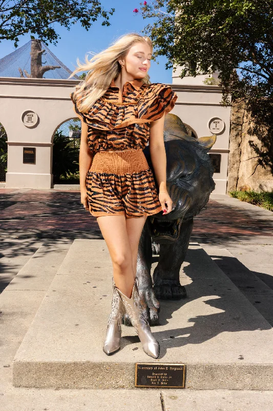 Exquisite Embroidery Tiger Stripe Smock Short