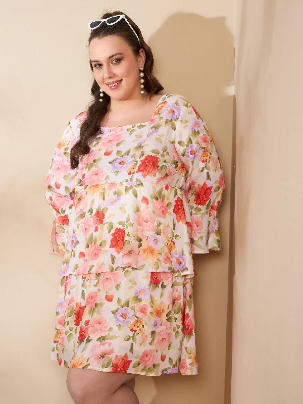 Loose Fit Women Beige Floral Full Sleeves Short Dress