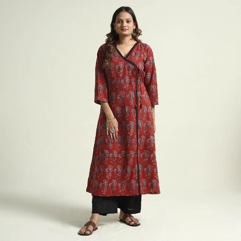 Warm And Comfortable Red - Block Print Cotton Flared Ajrakh Kurta with Palazzo Set