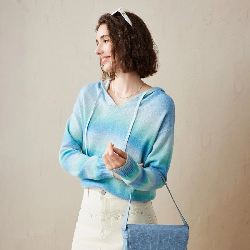 Sports And Leisure 100% Cashmere Sweater Gradient Color Knit Hoodie