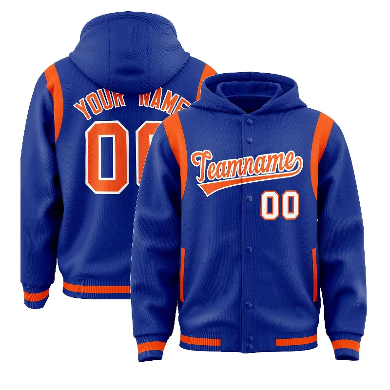 Design And Tailoring Custom Royal Orange Varsity Full-Snap Letterman Shoulder Color Block Jacket Hoodie Design And Tailoring Custom Royal Orange Varsity Full-Snap Letterman Shoulder Color Block Jacket Hoodie