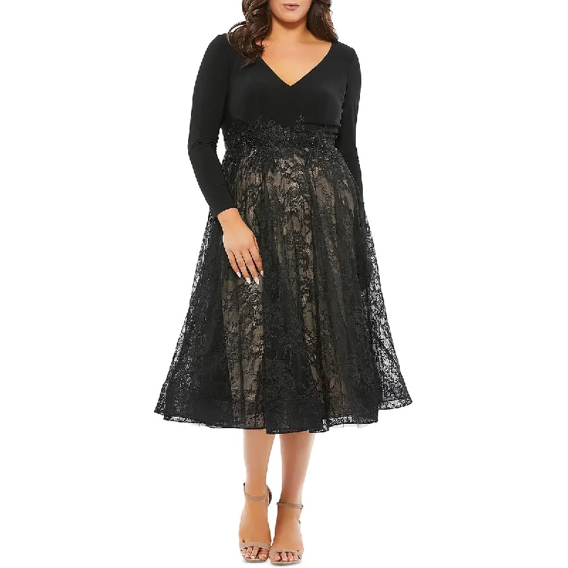 Urban Fashion Mac Duggal Womens Plus Lace Overlay V-Neck Cocktail And Party Dress