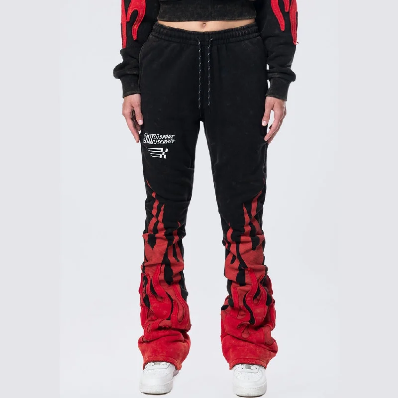 Sports Fitness Wear High Rise Stacked Bootcut Racing Flames Jogger - Black
