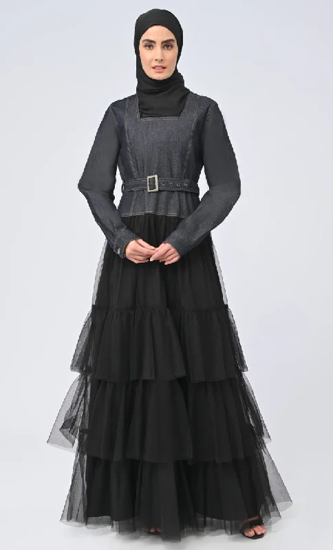 Playful Style Women's Graceful Denim Flared Abaya With Net Detailing On Bottom