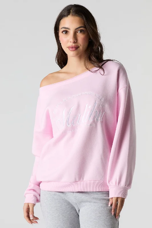 Artistic Temperament City Embroidered Off Shoulder Fleece Sweatshirt