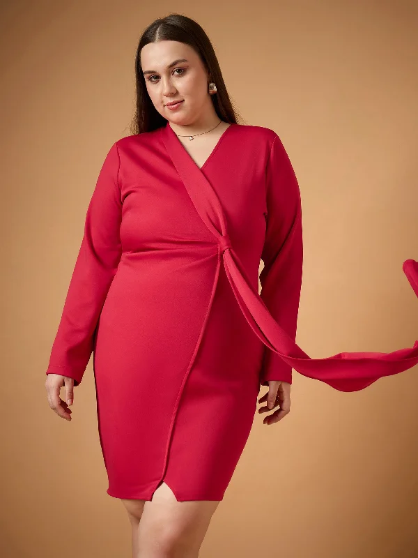 Elegant Comfort Women Red Front Knot Detail Short Dress