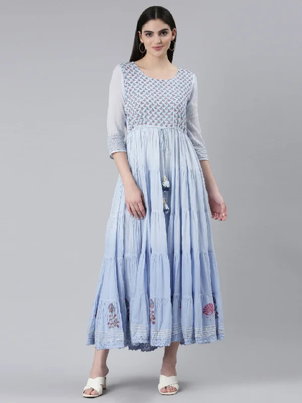 Street Charm Neeru's Blue Flared Casual Printed Dress