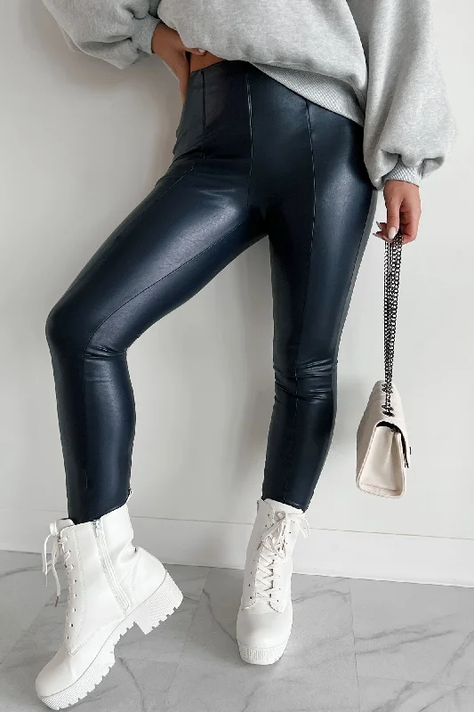 Elegant Outline Losing Your Mind Faux Leather Leggings (Navy)
