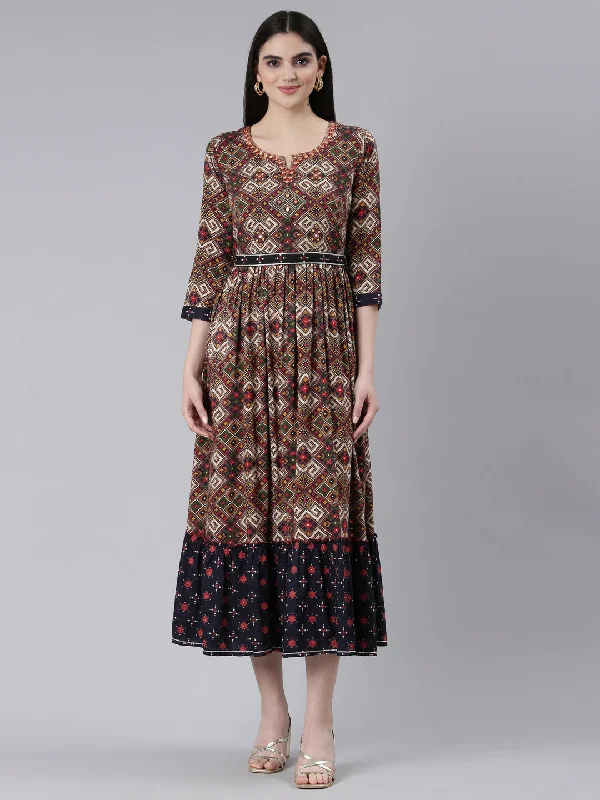 Luxury Temperament Neeru's Grey Straight Casual Printed Dress