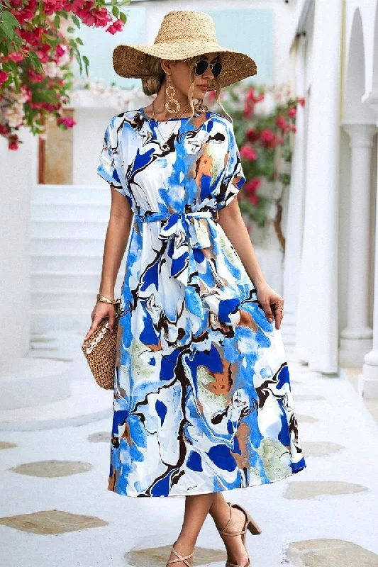Cool Style MARBLE PRINTING WAIST TIED WOMEN MIDI DRESS