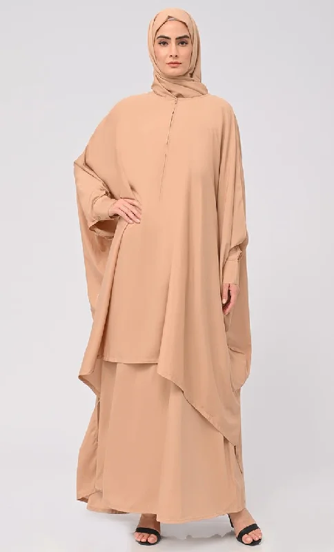 High Street Fashion Islamic Front Zipper Double Layer Dress For Women (2Pcset+Hijab)