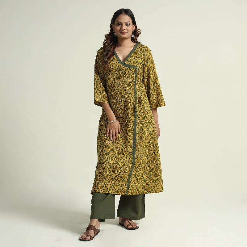 European And American Style Yellow - Block Print Cotton Flared Ajrakh Kurta with Palazzo Set