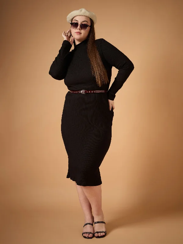 High-end Fashion Women Black Rib High Neck Midi Dress