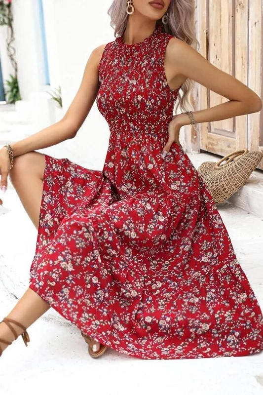 Low-key Luxury WOMEN FLORAL PRINTING SLEEVELESS MID DRESS