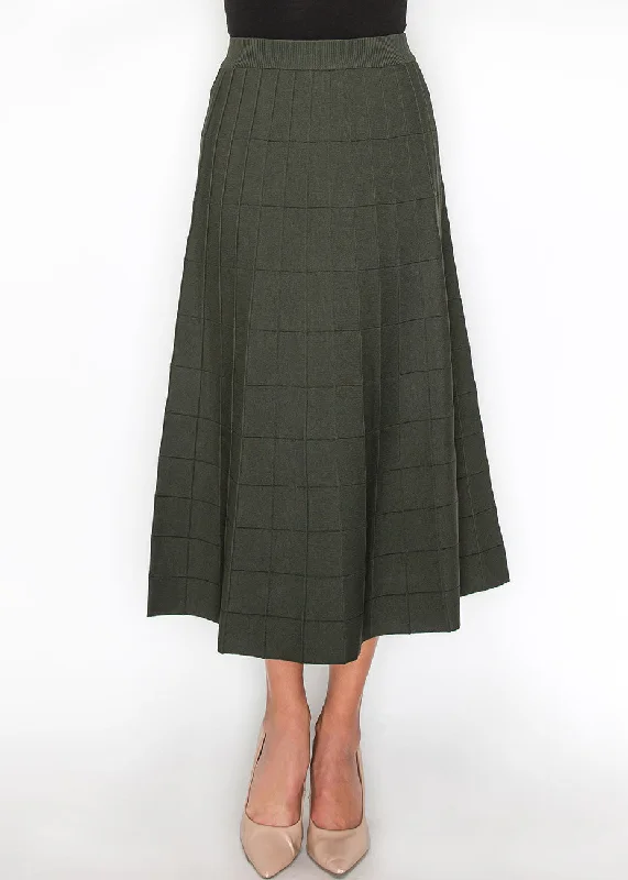 Thin Design Olive Grid A-Line Knit Skirt