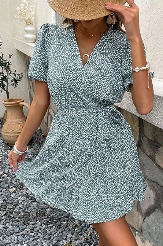 Elegant Design WOMEN V NECK RUFFLED HEM MINI DRESS