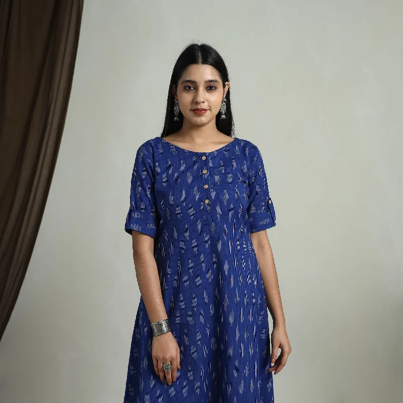Minimal Style Blue - Flared Cotton Short Pochampally Ikat Dress 11